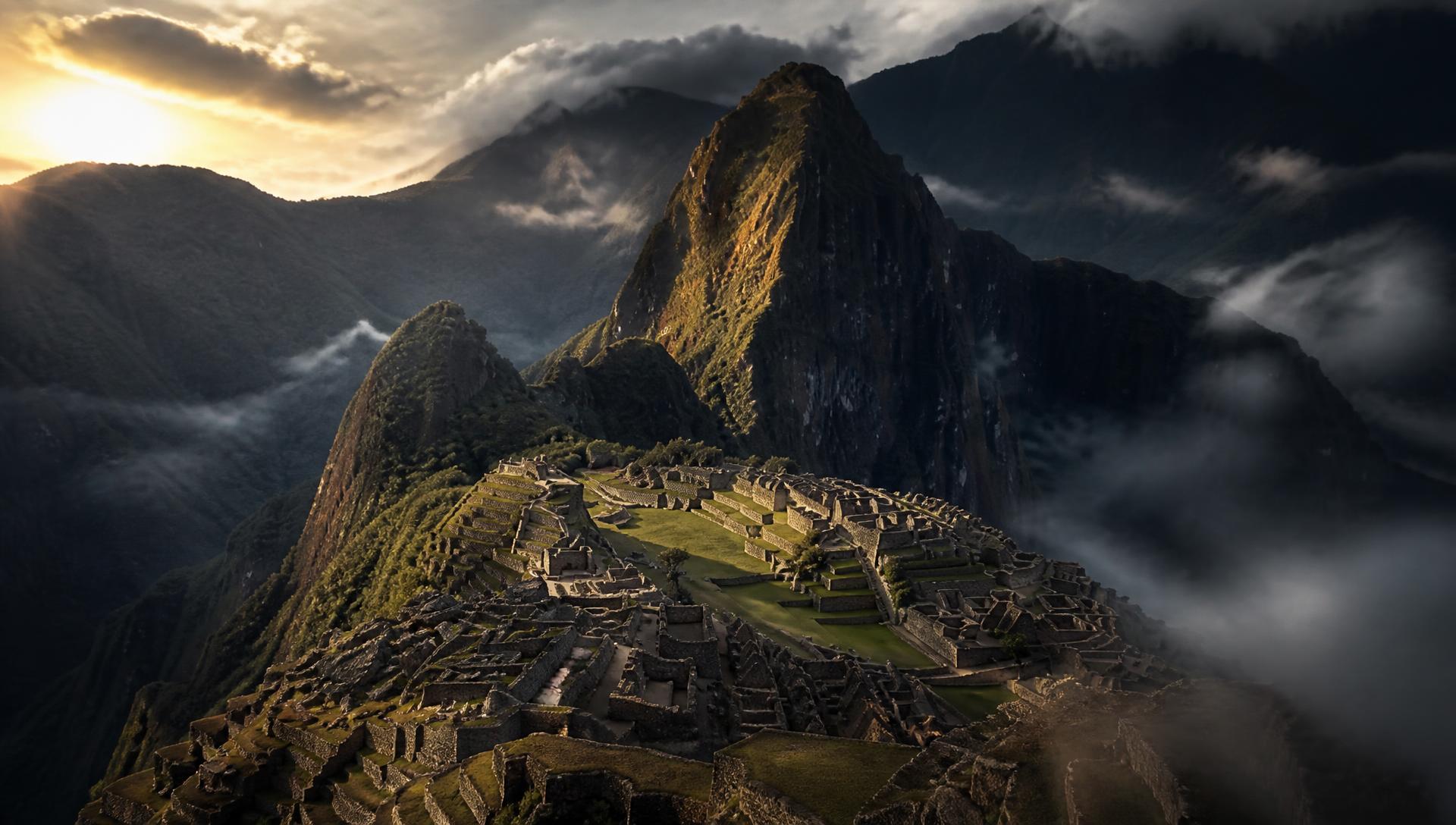 Cidadela de Machu Picchu ao amanhecer entre as montanhas dos Andes peruanos